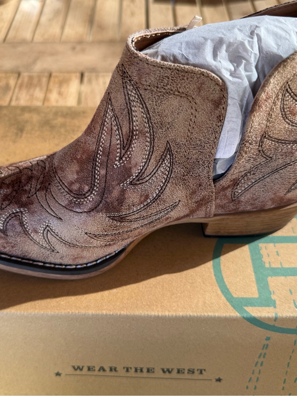 Roper Tan Distressed Suede Western Ankle Bootie